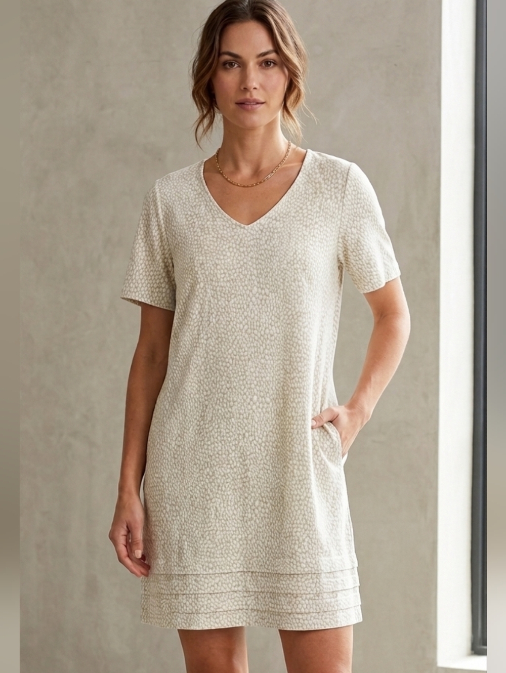 Nicole Miller Linen Blend Abstract Shift Dress Tan White XL Short Sleeves